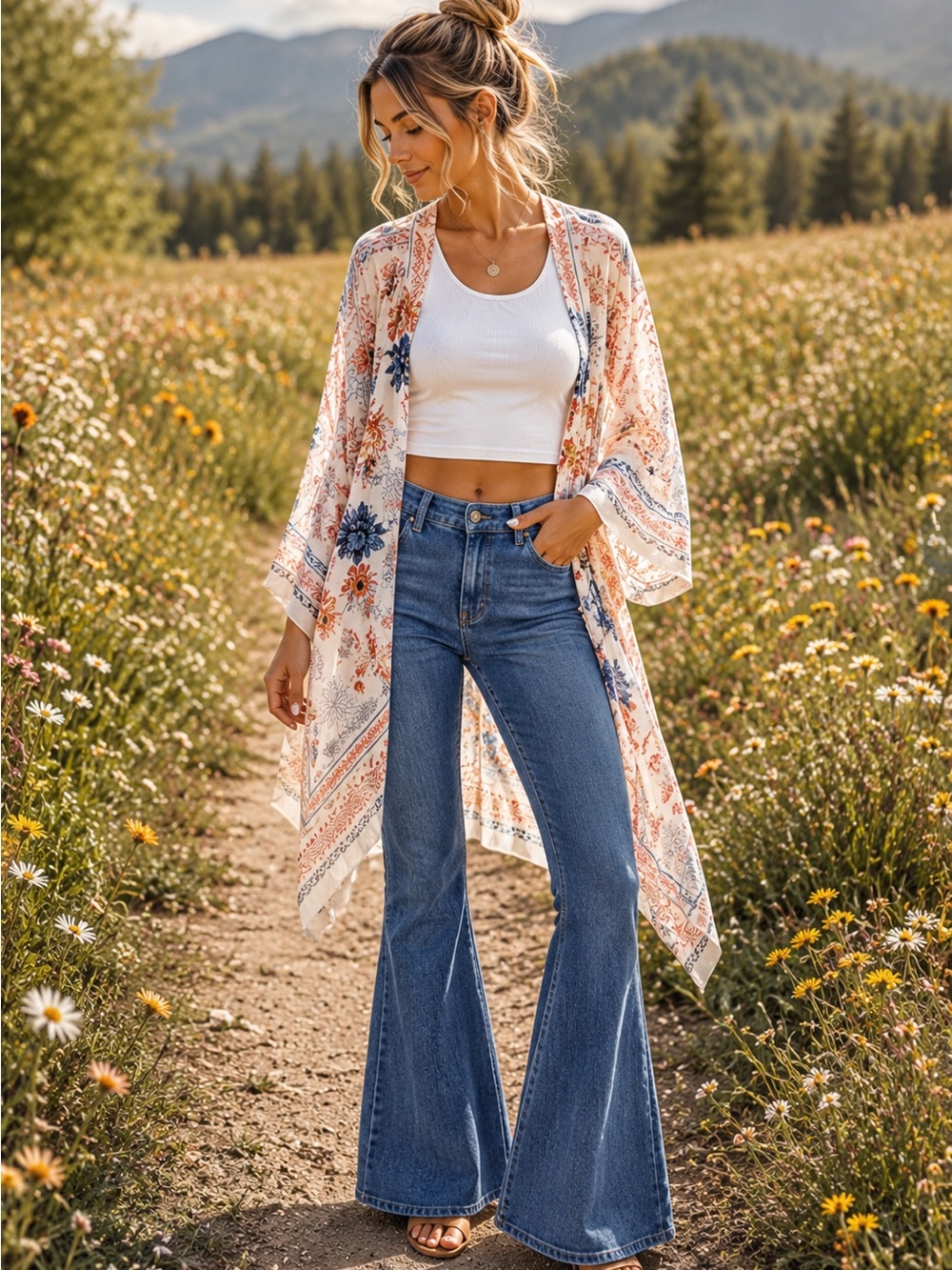 Sheer Floral Boho Kimono | Flowing Open Front | Bohemian Duster Like new - Picture 2 of 6